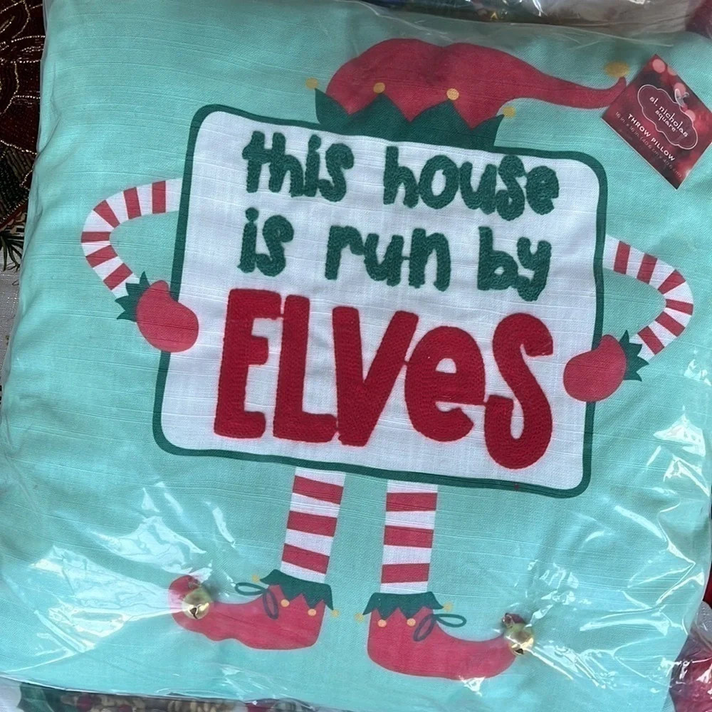 Brand New Christmas Throw Pillow “This Home is Run By Elves” 16” x 16” Square